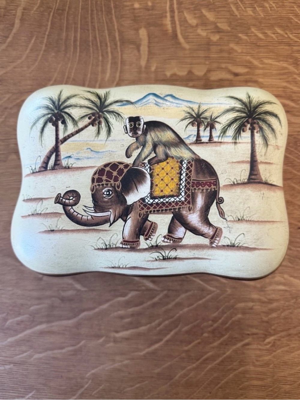 VTG Ceramic Monkey Elephant Trinket Box Desert 8”x6”x4” Exotic Hand Painted